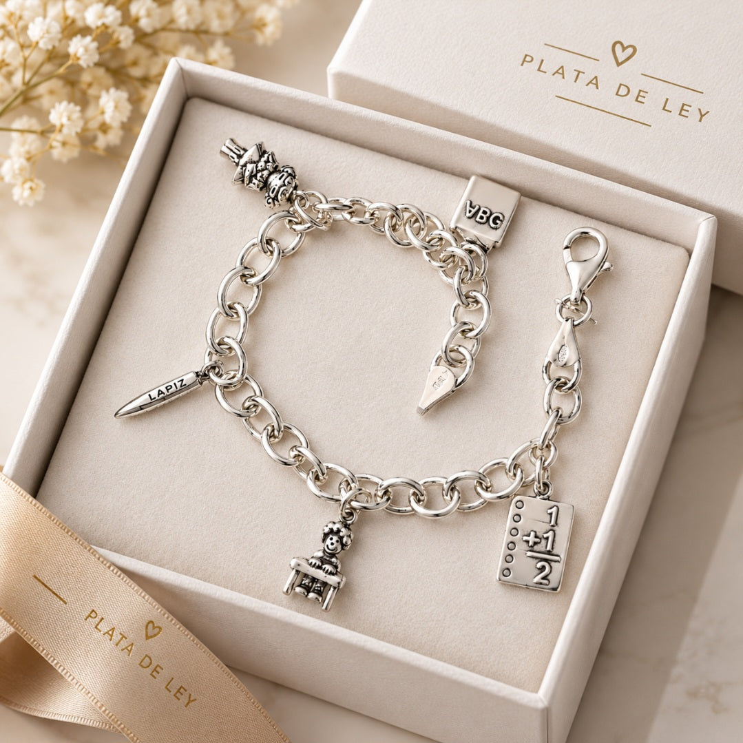 Pulsera Profesora de plata de ley con charms