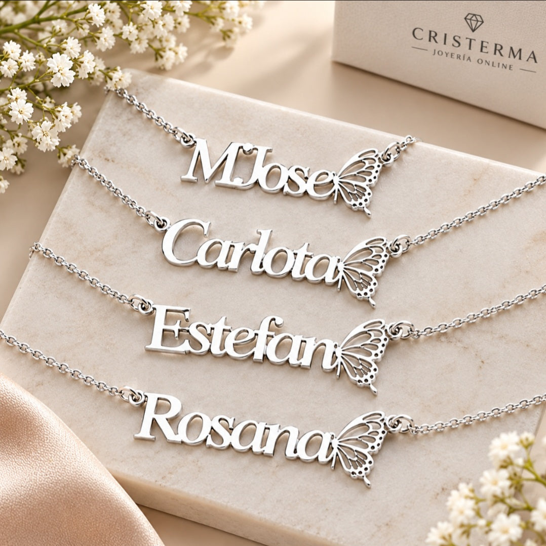 Collar Personalizado de Plata de Ley 925 con Nombre y Mariposa